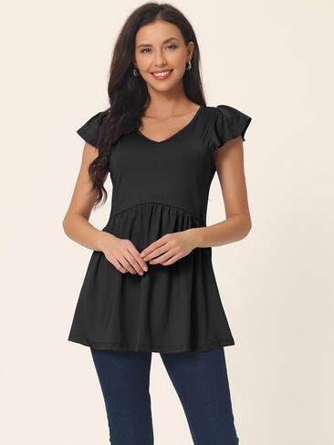 Women's Tunics T Shirt Ruffle Short Sleeve Flowy Hide Belly V Neck Babydoll Top in Saudi Arabia