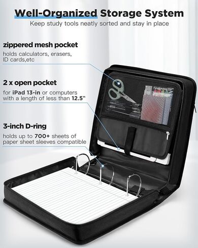 Zannaki 3 Inch 3 Ring Zipper Binder with Shoulder Strap & Handle, Zippered Three D-Ring Binder Organizer for Middle School Supplies, Multi-Pocket Zip Up Binder Bag, Black in Kuwait