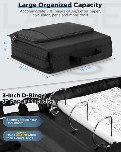 Zannaki 3 Inch 3 Ring Zipper Binder with Shoulder Strap & Handle, Zippered Three D-Ring Binder Organizer for Middle School Supplies, Multi-Pocket Zip Up Binder Bag, Black in Kuwait