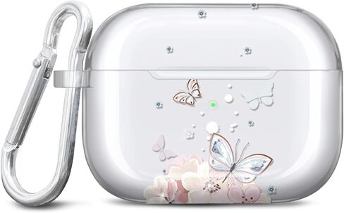 غطاء حافظة JAHOLAN لأجهزة Airpods Pro الجيل الثاني بتصميم فراشة مطلية بالذهب وجلد TPU واقي للنساء والفتيات مع سلسلة مفاتيح متوافقة مع AirPods Pro 2019/Pro 2 Gen 2022، وردي فاتح in Saudi Arabia