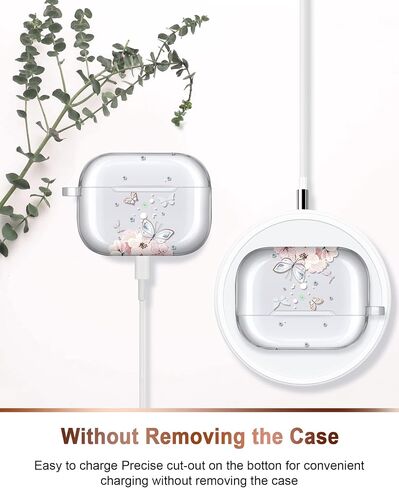 غطاء حافظة JAHOLAN لأجهزة Airpods Pro الجيل الثاني بتصميم فراشة مطلية بالذهب وجلد TPU واقي للنساء والفتيات مع سلسلة مفاتيح متوافقة مع AirPods Pro 2019/Pro 2 Gen 2022، وردي فاتح in Saudi Arabia