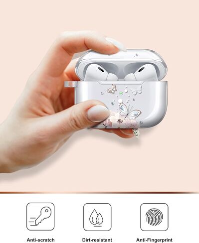 غطاء حافظة JAHOLAN لأجهزة Airpods Pro الجيل الثاني بتصميم فراشة مطلية بالذهب وجلد TPU واقي للنساء والفتيات مع سلسلة مفاتيح متوافقة مع AirPods Pro 2019/Pro 2 Gen 2022، وردي فاتح in Saudi Arabia