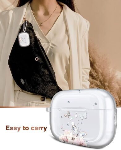 غطاء حافظة JAHOLAN لأجهزة Airpods Pro الجيل الثاني بتصميم فراشة مطلية بالذهب وجلد TPU واقي للنساء والفتيات مع سلسلة مفاتيح متوافقة مع AirPods Pro 2019/Pro 2 Gen 2022، وردي فاتح in Saudi Arabia