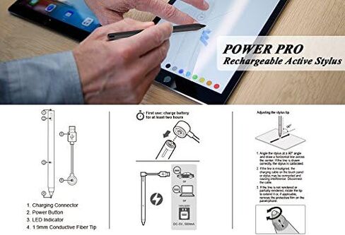 POWER PRO Rechargeable Active Stylus Pen,Conductive Fiber Fine Point Tip Digital Pen Offers Handwriting Drawing on iPad,iPad pro,iphone,Samsung Tablet,Android Device,BLK in Saudi Arabia