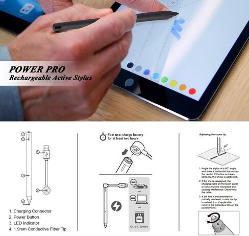 قلم لمس نشط قابل لإعادة الشحن من باور برو، قلم رقمي ذو طرف رفيع من الألياف الموصلة يوفر كتابة يدوية سلسة على iPad وiPad pro وiPhone وSamsung Tablet وأجهزة iOS/Android، مع حقيبة حمل، أسود in Kuwait
