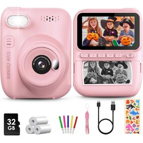 Kids Instant Print Camera, 3.0-inch HD Screen 32MP Photo Instant Digital Camera Christmas Birthday Gifts Toys for Toddle Children Girls Boys Age 3-12 - Pink