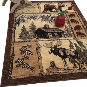 HR Cabin Collection 906-Nature and Animals Area Rug Runner Contemporary Geometric Design Fish/Moose/Bear/Lodge-Southwestern Design-Ivory/Red/Green and Multi