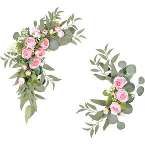 Set of 2 Artificial Wedding Arch Flowers for Ceremony Fake Silk Peony Flower Swags with Green Leaves Wedding Arch Floral Swags for Floral Arrangement Reception Backdrop Decoration(Pink)