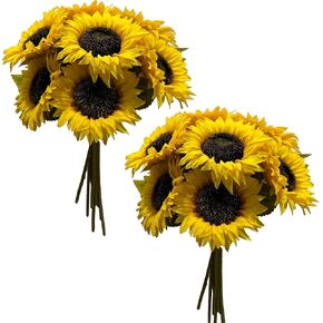12PCS Sunflowers Artificial Flowers Silk Flower with Stems Yellow Sunflower Bridal Wedding Bouquet Decorations for Home Wedding Party Birthday Bulk Dark Center Single