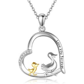 Duck Gifts Necklace 925 Sterling Silver Duck Pendant Necklace Heart Duck Mom and Child Jewelry for Women Girls Duck Lovers Gifts
