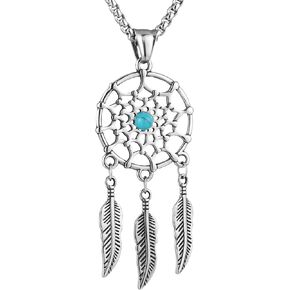 HZMAN Indian Dream Catcher Necklace for Women Girls Bohemian Tassel Feather Turquoise Beads Long Chain Pendant Jewelry Gift