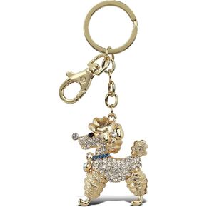 Stylish Poodle Dog Keychain - Gold 3D Sparkling Charm Rhinestones Fashionable Stylish Metal Alloy Durable Key Ring Bling Crystal Jewelry Accessory with Clasp