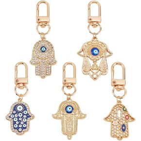NBEADS 5 Pcs 5 Styles Hamsa Hand Evil Eye Keychains, Hand Fatima Protection Charm Key Holder Evil Eye Charm Pendants Lucky Charms Keyring for Gift Keys Bag Accessory Ornaments