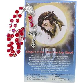 Catholic Prayer Card and Rosary Gift Set, Chaplet of The Most Precious Blood and Red Beads with Silver Tone Crucifix and Immaculate Heart Medal, 5.75 Inches