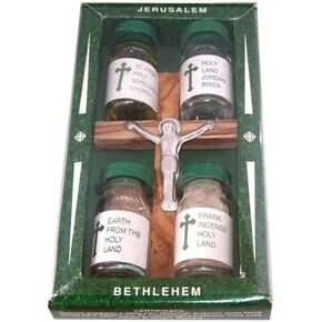 Holy Land Market Olive Wood Cross Set with 4 Bottles - Anotinting Oil, Jordan River Water, Holy Earth and Incense