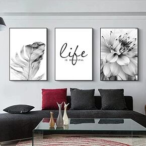 3 Pack Wall Art Prints Dandelion Flowers Black and White Feathers Canvas Poster Wall Art Decor Print Picture Paintings for Living Room Decoration, Unframe (A,16x20 inch)