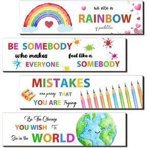 Rifyue 4 Pieces Colorful Words Wooden Wall Art Decor, Welcome Back To School Decorations for Classroom, Inspirational Quotes Motivational Saying Art Prints for Nursery Classroom Kids Playroom