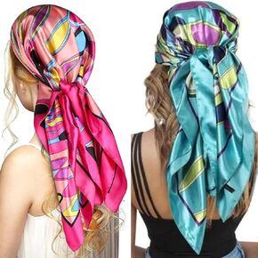 2-Pk 35" Silk Like Satin Large Square Head Neck Scarves Hair Sleeping Wraps for Women