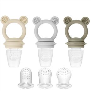 PandaEar 3 Pack Baby Fruit & Food Feeder Pacifier, Silicone Feeder Pacifier with 3 Sizes Pouches for Babies Toddlers Infants Kids, BPA-Free Food Grade Soft Safe -Tan/Grey/Brown