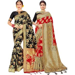 Elina fashion Pack of Two Sarees for Women Banarasi Art Silk Indian Wedding Sari | Diwali Ethnic Gift Woven Saree Combo Set