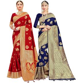 Elina fashion Pack of Two Sarees for Women Banarasi Art Silk Indian Wedding Sari | Diwali Ethnic Gift Woven Saree Combo Set