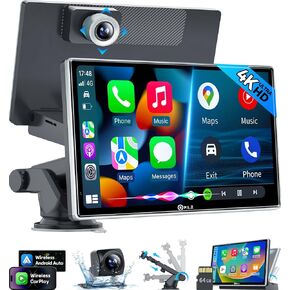 PLZ 7 بوصات محمولة لاسلكية Apple Car Play Car Stereo تعمل باللمس، جهاز إرسال FM بلوتوث، توصيل Carplay Android Auto، Dashcam 4K، مستشعر G، تعتيم السطوع التلقائي، كاميرا احتياطية، ملاحة in Kuwait
