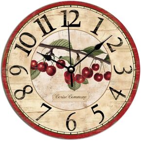 Cherry Wood Clock Fruit Cherry Kitchen Wall Clock Quality Quartz Battery Clock Silent Vintage Farmhouse Rustic Decor for Living Room Bedroom Office Classroom 12Inch Birthday Housewarming Gift