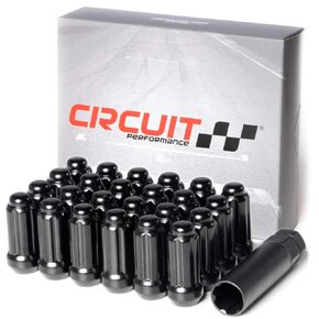 Circuit Performance 14x1.5 Black Closed End 6 Spline Security Acorn Lug Nuts Cone Seat Forged Steel (20 pieces + Tool)