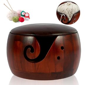 Wooden Yarn Bowl Holder,Portable Knitting Yarn Bowl with Lid, Crochet Yarn Bowls for Knitters & Crocheters, Yarn Holder Dispenser Yarn Storage Bowls for Women Knitting Crochet Knit