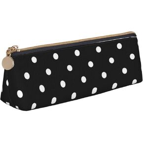 Polka Dot Black and White Simple Pattern Leather Pencil Case Zipper Pen Makeup Cosmetic Holder Pouch Stationery Bag for School, Work, Office