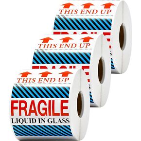 4"x6" Fragile Tape for Shipping (3 Rolls, 1500 Labels), Fragile Liquid in Glass - This End Up", Fragile Stickers Labels Tape Roll for Shipping, Packing and Moving Boxes, 500 Per Roll