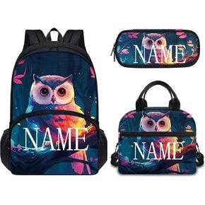 Forchirnse 3D Owl Backpack and Lunch Bag Pencil Case Set for Kids Customized Your Name Backpack Book Bag Kindergarten Elementary School Bookbag Kit for Boys Girls