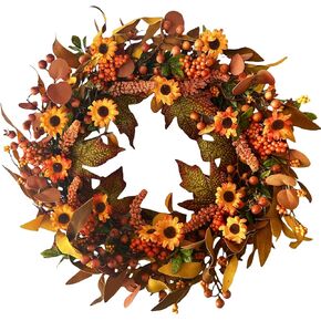 22 Inch Artificial Fall Wreath Autumn Front Door Wreaths Harvest Wreath with Daisies Berries Maple Leaves for Indoor Outside Door Harvest Festival Thanksgiving Day Celebration Decoration