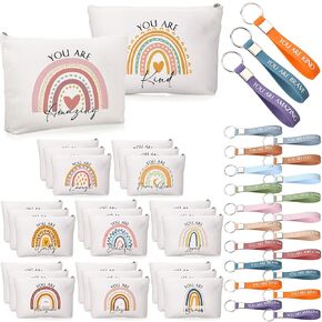 Fumete 60 Pcs Inspirational Gifts Bulk Rainbow Makeup Bag 30 Rainbow Canvas Makeup Bag Cosmetic Bag Bulk 30 Rainbow Silicone Keychains Motivational Keychains Thank You Gift for Men Women Teacher