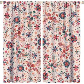Traditional Mexican Curtains, Talavera Style Beige Mexican Floral Bird Print Blackout Window Treatments for Living Room Kitchen Bedroom 42x45 Inch