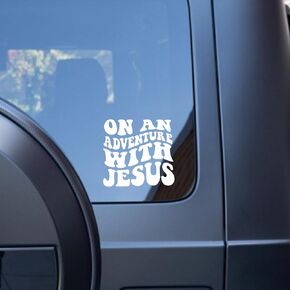 On an Adventure with Jesus - Christian Car Vinyl Decal Bumper Sticker for Car, Wall, Window, Vehicle, Weather Resistant, Viral, Wavy, Retro, Groovy, Hippy Font