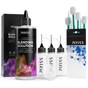 Alcohol Ink Blending Solution (4-Ounce), Pixiss Alcohol Ink Blending Solution Tools, Pixiss Needle Tip Applicator and Refill Bottles and Funnel - Bundle for Yupo Paper and Resin