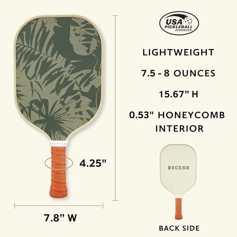 Recess Pickleball Single Paddles - Fiberglass Surface, Honeycomb Core - Sweatproof Foam Comfort Grip - Canvas Cover & Silicone Grip Ring - Tournament or Casual Play - Modern Designs - USAPA Approved in Saudi Arabia