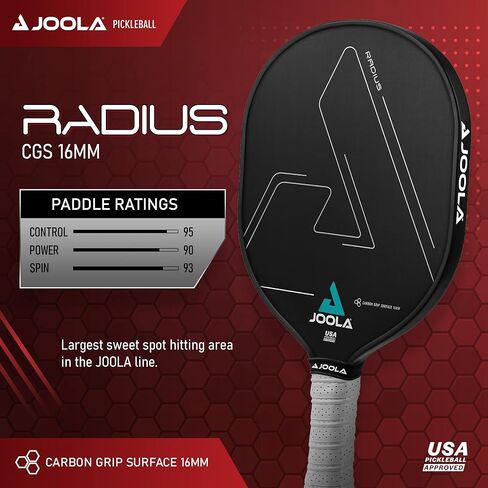 مجداف JOOLA Radius Pro Pickleball مع سطح قبضة كربون محكم - يخلق المزيد من الدوران والحد الأقصى من التحكم - أكبر نقطة حلوى - مضرب كرة Pickleball مع قلب قرص العسل من مادة البولي بروبيلين. in Saudi Arabia