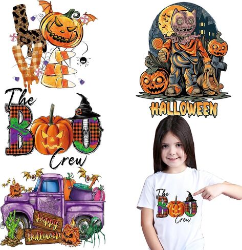 4pcs Halloween Iron on Sticker Patches Pumpkin Iron on Heat Transfer Decals Ghost Skeleton Bat Design T-Shirt Jeans Backpacks Families Clothing Hat DIY Applique Halloween Clothes Decorations in Saudi Arabia