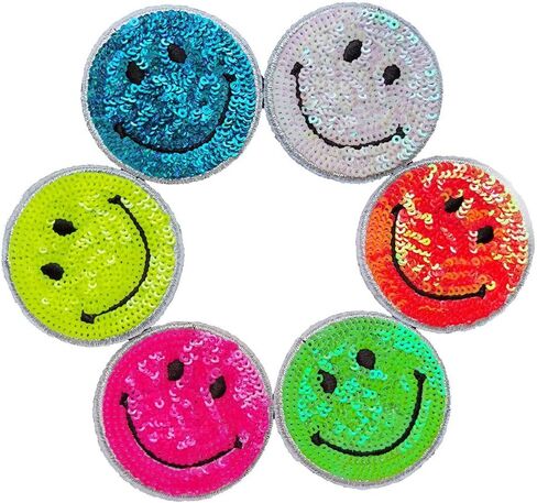 Big Cute Shiny Sequin Smile Face Patches Sewing on/Iron on Patches Clothes Dress Hat Pants Shoes Sewing Decorating DIY Craft Embarrassment Applique Patches (Mixed Colors) in Saudi Arabia