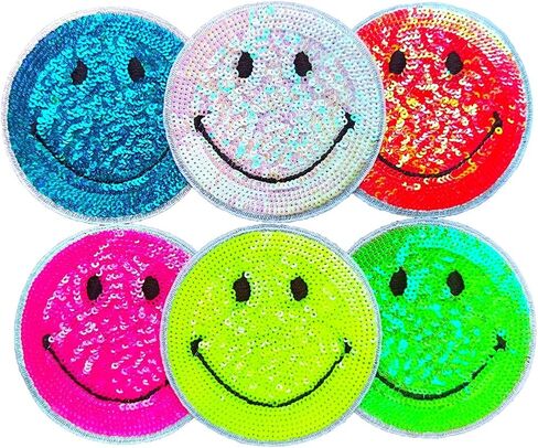 Big Cute Shiny Sequin Smile Face Patches Sewing on/Iron on Patches Clothes Dress Hat Pants Shoes Sewing Decorating DIY Craft Embarrassment Applique Patches (Mixed Colors) in Saudi Arabia