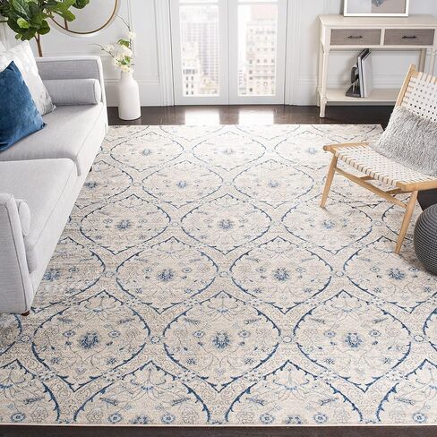 SAFAVIEH Brentwood Collection Area Rug - 8' x 10', Navy & Light Grey, Floral Damask Ogee Trellis Design, Non-Shedding & Easy Care, Ideal for High Traffic Areas in Living Room, Bedroom (BNT860M) in Saudi Arabia