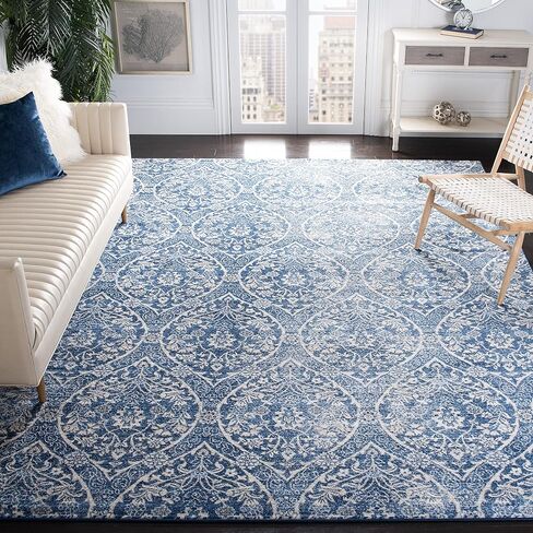SAFAVIEH Brentwood Collection Area Rug - 8' x 10', Navy & Light Grey, Floral Damask Ogee Trellis Design, Non-Shedding & Easy Care, Ideal for High Traffic Areas in Living Room, Bedroom (BNT860M) in Saudi Arabia