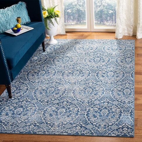 SAFAVIEH Brentwood Collection Area Rug - 8' x 10', Navy & Light Grey, Floral Damask Ogee Trellis Design, Non-Shedding & Easy Care, Ideal for High Traffic Areas in Living Room, Bedroom (BNT860M) in Saudi Arabia