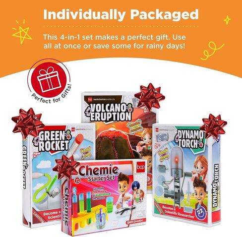 مجموعة المشاريع العلمية 4 في 1 من بيست تشويس برودكتس، تجارب معملية ذاتية الصنع للعلوم والتكنولوجيا والهندسة والرياضيات والبخار للأطفال مع مجموعة المبتدئين الكيميائيين، صاروخ أخضر، شعلة دينامو، ثوران البركان in Kuwait