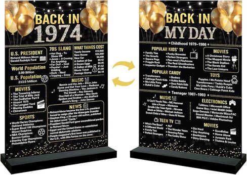 Trgowaul 50th عيد ميلاد الزفاف الديكور النساء الرجال، 1974 طباعة مزدوجة ملصق الذهب الأسود زخرفة الاكريليك (11 * 7.8 ")، مع قوس، هدية ديكور الذكرى الخمسين، لوازم حفلة عيد ميلاد 50 in Kuwait