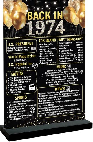 Trgowaul 50th عيد ميلاد الزفاف الديكور النساء الرجال، 1974 طباعة مزدوجة ملصق الذهب الأسود زخرفة الاكريليك (11 * 7.8 ")، مع قوس، هدية ديكور الذكرى الخمسين، لوازم حفلة عيد ميلاد 50 in Kuwait