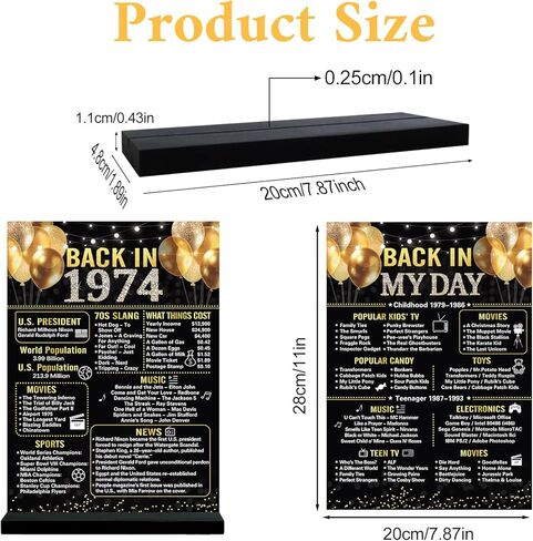 Trgowaul 50th عيد ميلاد الزفاف الديكور النساء الرجال، 1974 طباعة مزدوجة ملصق الذهب الأسود زخرفة الاكريليك (11 * 7.8 ")، مع قوس، هدية ديكور الذكرى الخمسين، لوازم حفلة عيد ميلاد 50 in Kuwait