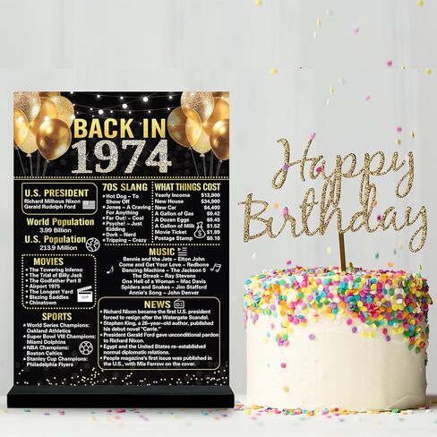 Trgowaul 50th عيد ميلاد الزفاف الديكور النساء الرجال، 1974 طباعة مزدوجة ملصق الذهب الأسود زخرفة الاكريليك (11 * 7.8 ")، مع قوس، هدية ديكور الذكرى الخمسين، لوازم حفلة عيد ميلاد 50 in Kuwait